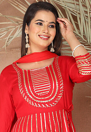 Gota Embellished Pure Rayon Anarkali Suit in Red