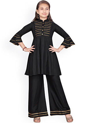 Gota Embellished Rayon A Line Kurta Set in Black