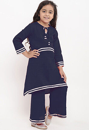 Gota Embellished Rayon A Line Kurta Set in Navy Blue