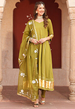 Gota Embellished Rayon A Line Suit in Olive Green