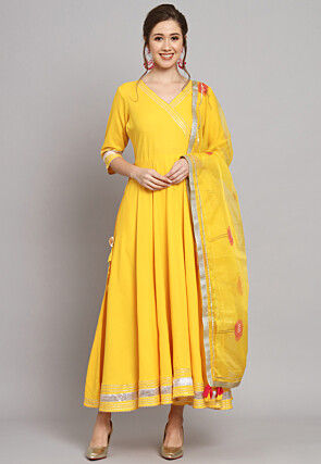 Gota Embellished Rayon A Line Suit in Yellow