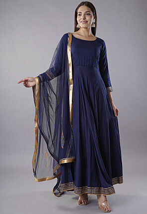 Gota Embellished Rayon Abaya Style Suit in Navy Blue