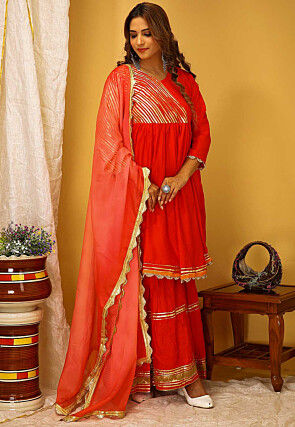 Gota Embellished Rayon Pakistani Suit in Red