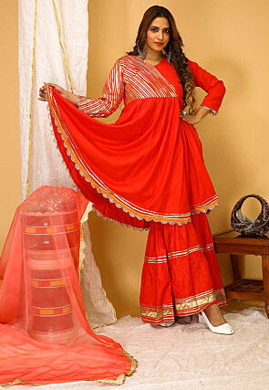 Gota Embellished Rayon Pakistani Suit in Red