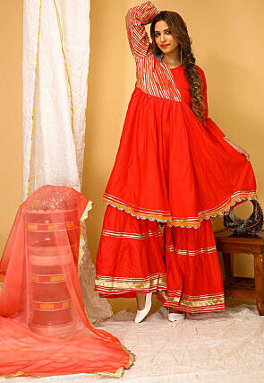 Gota Embellished Rayon Pakistani Suit in Red