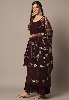 Gota Embellished Rayon Pakistani Suit in Wine