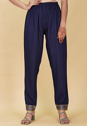 Gota Embellished Rayon Pant in Navy Blue