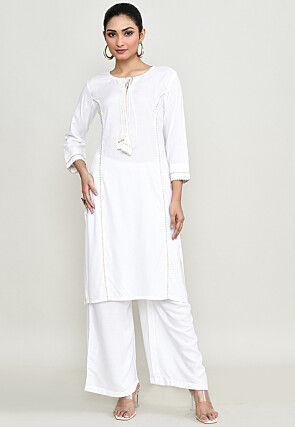 Gota Embellished Rayon Straight Kurta Set in Off White