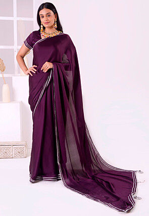 Gota Embellished Satin Silk Saree in Violet