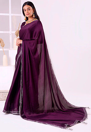 Gota Embellished Satin Silk Saree in Violet