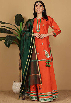 Gota Embellished Taffeta Silk Lehenga in Orange