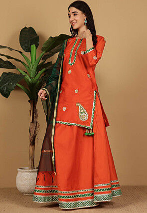 Gota Embellished Taffeta Silk Lehenga in Orange