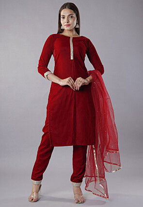 Gota Embellished Velvet Pakistani  Suit in Maroon