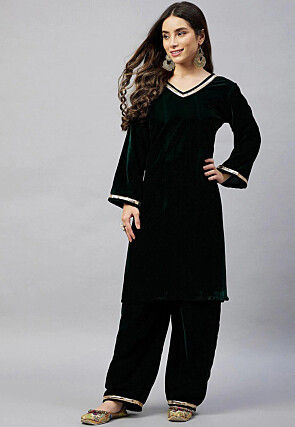 Gota Embellished Velvet Straight Kurta Set in Dark Green