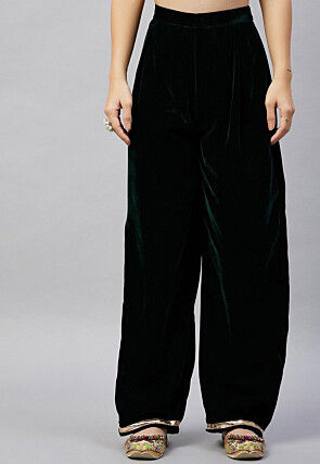 Gota Embellished Velvet Straight Kurta Set in Dark Green