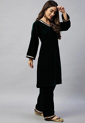 Gota Embellished Velvet Straight Kurta Set in Dark Green