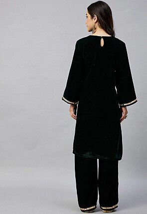 Gota Embellished Velvet Straight Kurta Set in Dark Green