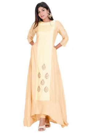 Gota Embroidered Art Silk Kurta in Light Yellow and Beige