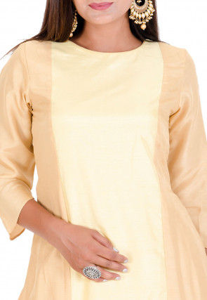 Gota Embroidered Art Silk Kurta in Light Yellow and Beige