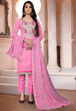 Gota Embroidered Chanderi Silk Pakistani Suit in Pink