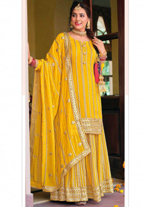 Gota Embroidered Georgette Pakistani Suit in Mustard