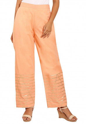 Gota Embroidered Cotton Pant in Peach
