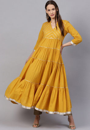Gota Embroidered Cotton Tiered Kurta in Mustard