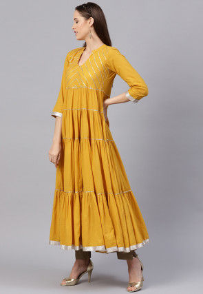 Gota Embroidered Cotton Tiered Kurta in Mustard