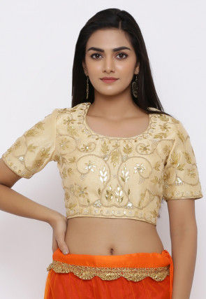Gota Embroidered Dupion Silk Blouse in Beige