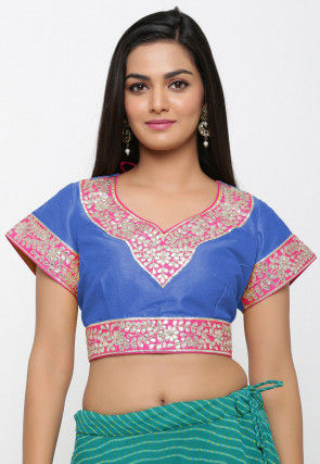 Gota Embroidered Dupion Silk Blouse in Blue and Pink