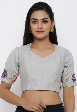 Gota Embroidered Dupion Silk Blouse in Grey