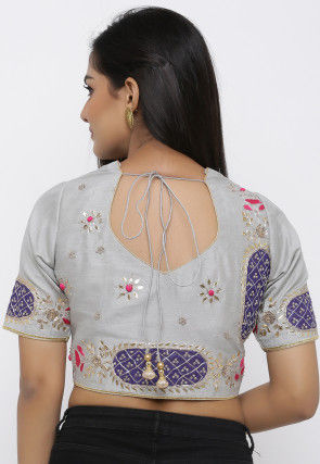 Gota Embroidered Dupion Silk Blouse in Grey