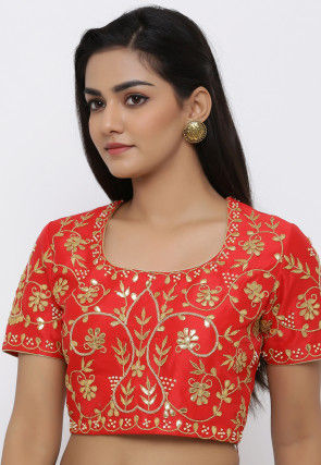 Gota Embroidered Dupion Silk Blouse in Red