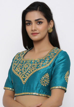 Gota Embroidered Dupion Silk Blouse in Teal Blue