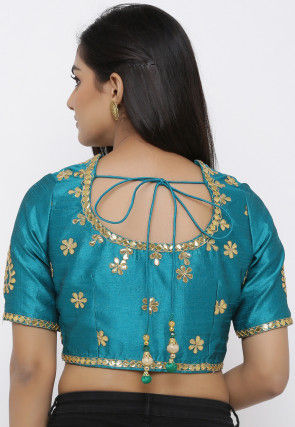 Gota Embroidered Dupion Silk Blouse in Teal Blue