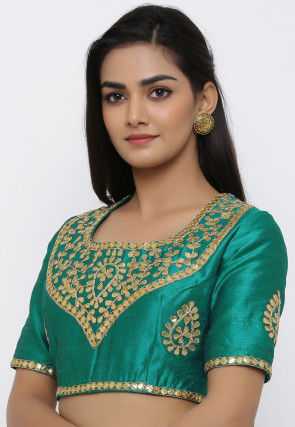 Gota Embroidered Dupion Silk Blouse in Teal Green