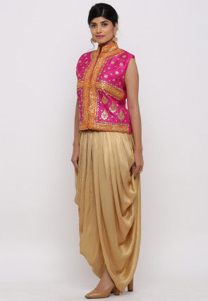 Gota Embroidered Dupion Silk Long Jacket in Fuchsia