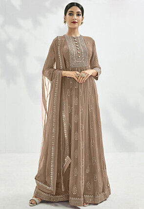 Gota Embroidered Georgette Abaya Style Suit in Fawn