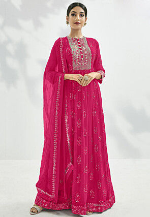 Gota Embroidered Georgette Abaya Style Suit in Fuchsia