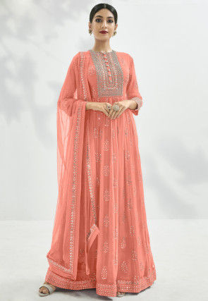 Gota Embroidered Georgette Abaya Style Suit in Peach