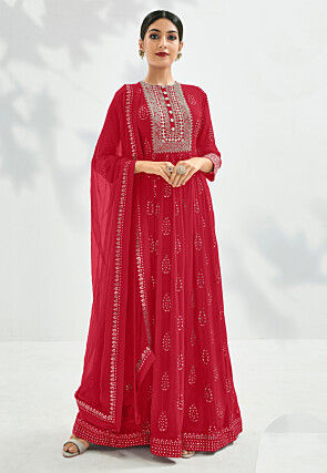 Gota Embroidered Georgette Abaya Style Suit in Red
