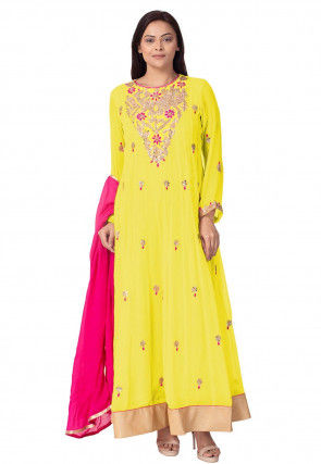 Gota Embroidered Georgette Abaya Style Suit in Yellow