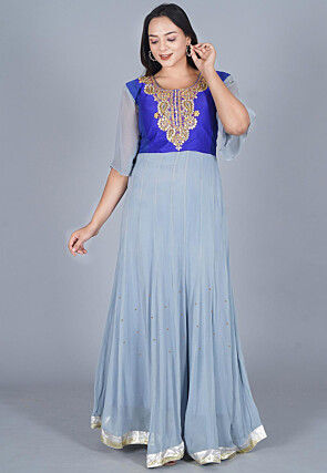 Gota Embroidered Georgette Anarkali Kurta in Grey and Royal Blue