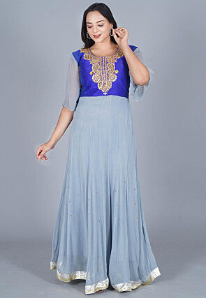 Gota Embroidered Georgette Anarkali Kurta Set in Grey and Royal Blue