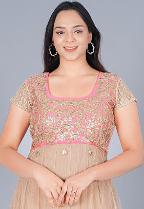 Gota Embroidered Net Gown in Beige and Baby Pink