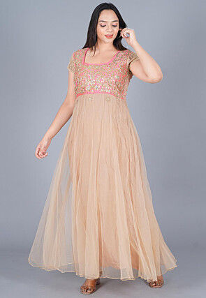 Gota Embroidered Net Gown Set in Beige and Baby Pink
