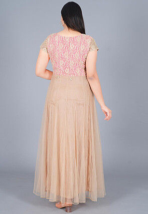 Gota Embroidered Net Gown Set in Beige and Baby Pink