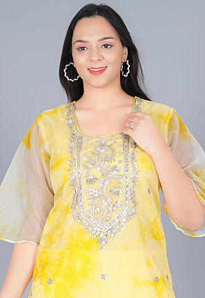 Gota Embroidered Organza Straight Kurta Set in Shaded Yellow