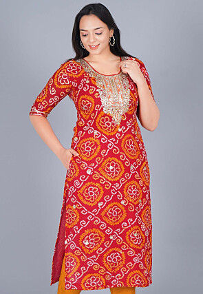 Gota Embroidered Pure Chinon Crepe Straight Kurta in Red
