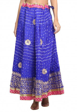 Gota Embroidered Taffeta Silk Flared Skirt in Royal Blue